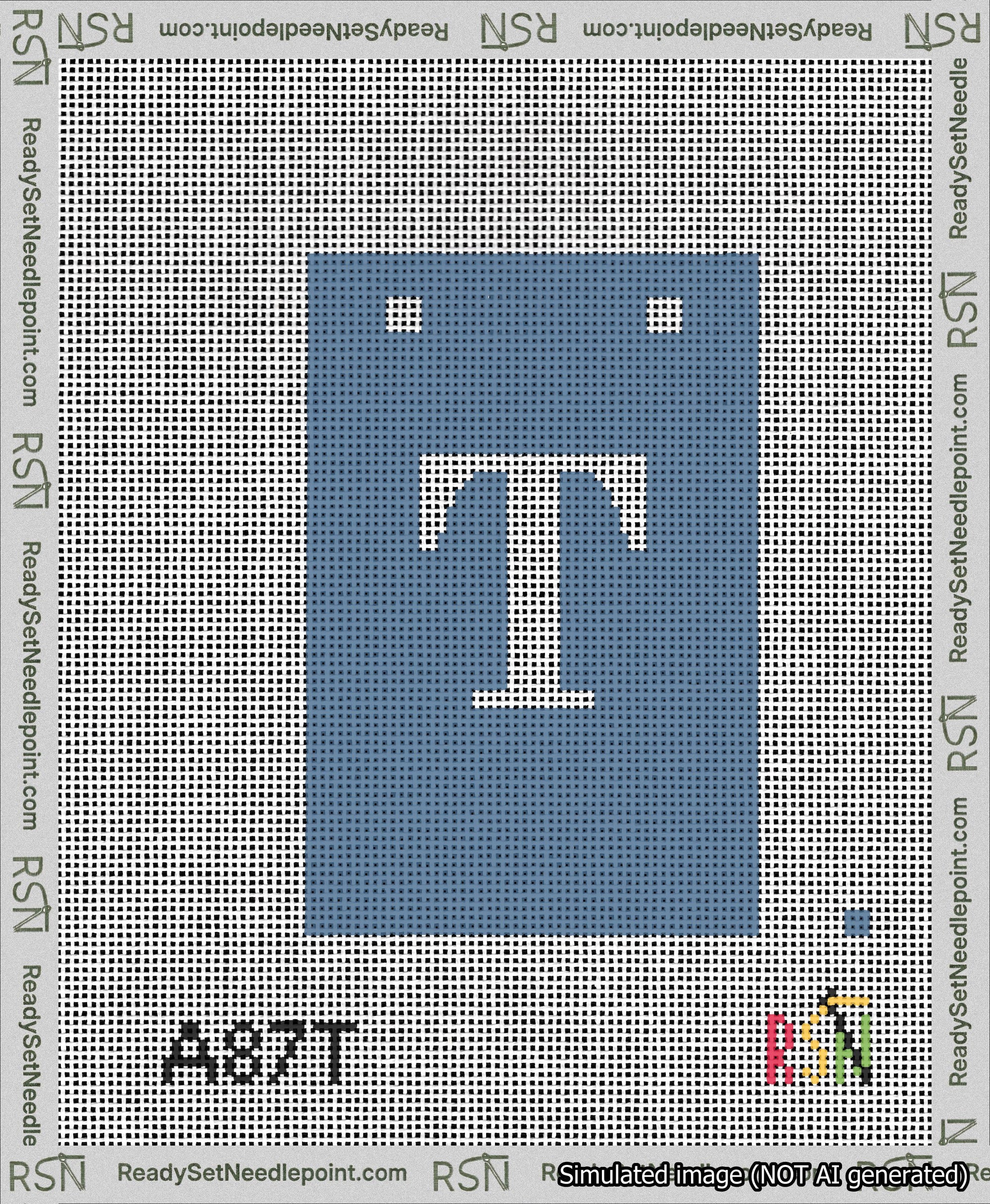 A taped needlepoint canvas with the design: Banner 13 mesh count Squared T White on Blue.