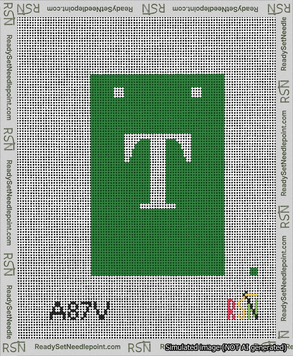 A taped needlepoint canvas with the design: Banner 13 mesh count Squared T White on Green.