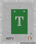 A taped needlepoint canvas with the design: Banner 13 mesh count Squared T White on Green.