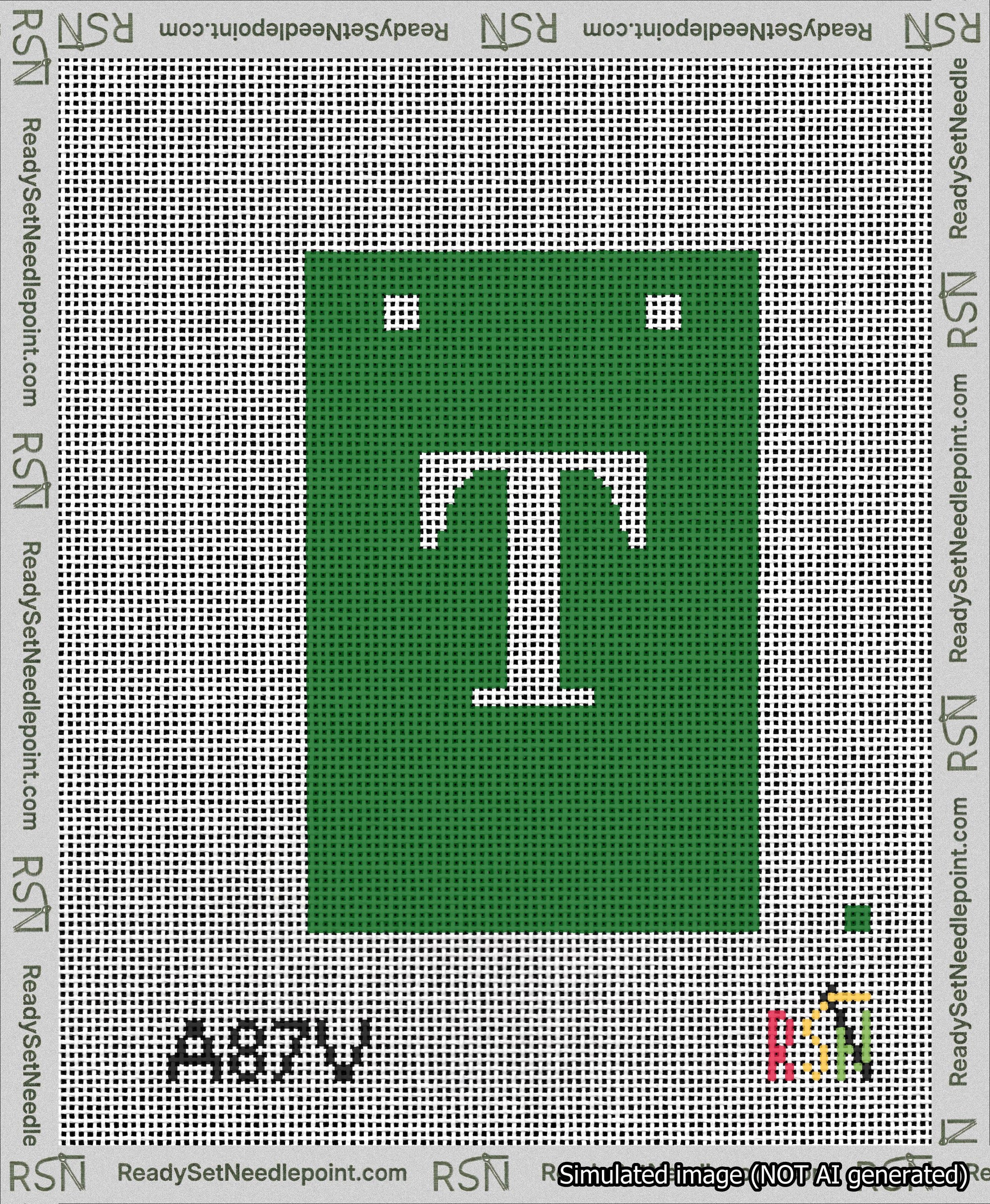 A taped needlepoint canvas with the design: Banner 13 mesh count Squared T White on Green.