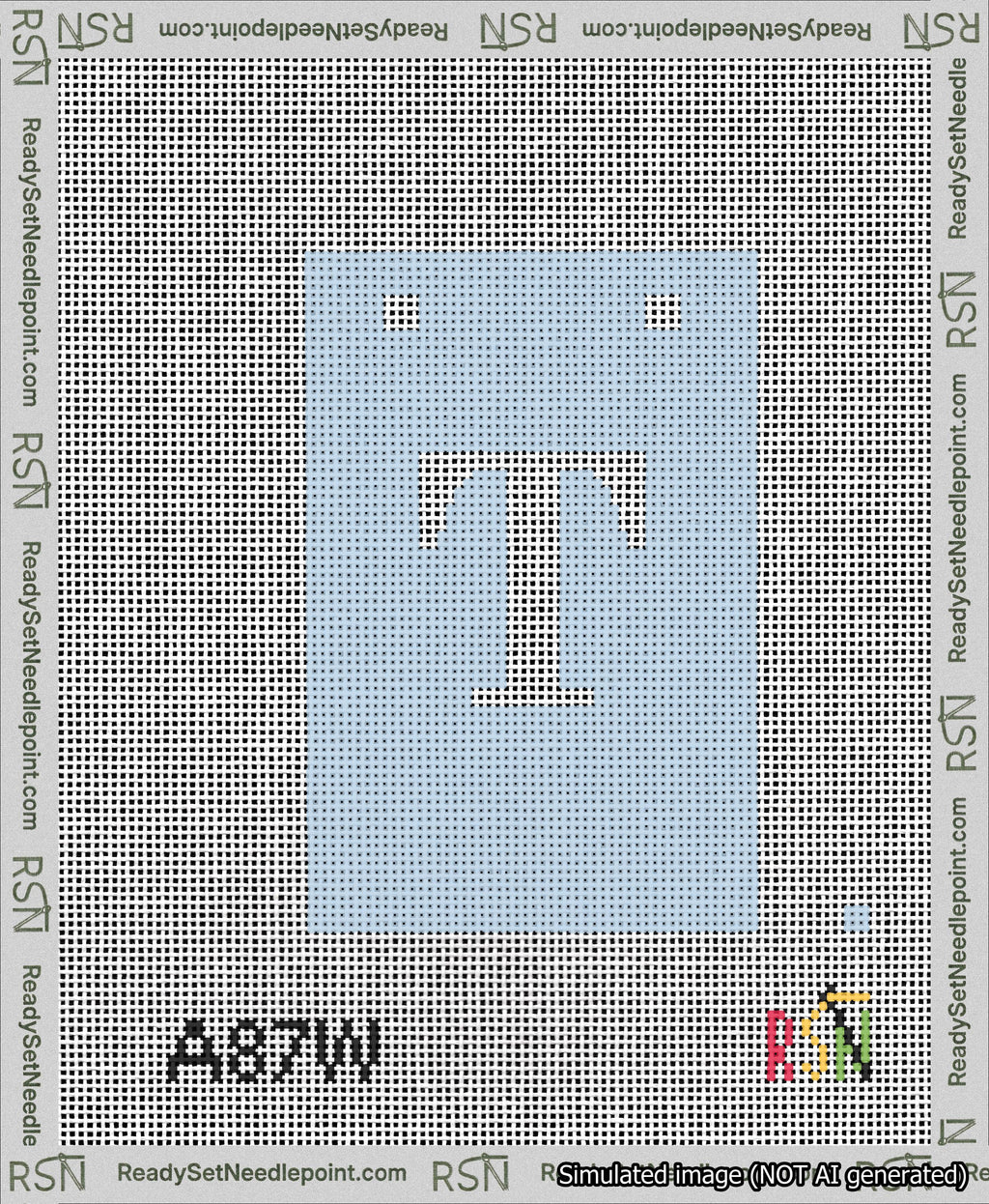 A taped needlepoint canvas with the design: Banner 13 mesh count Squared T White on Light Blue.