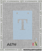 A taped needlepoint canvas with the design: Banner 13 mesh count Squared T White on Light Blue.
