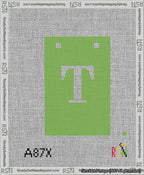 A taped needlepoint canvas with the design: Banner 13 mesh count Squared T White on Light Green.