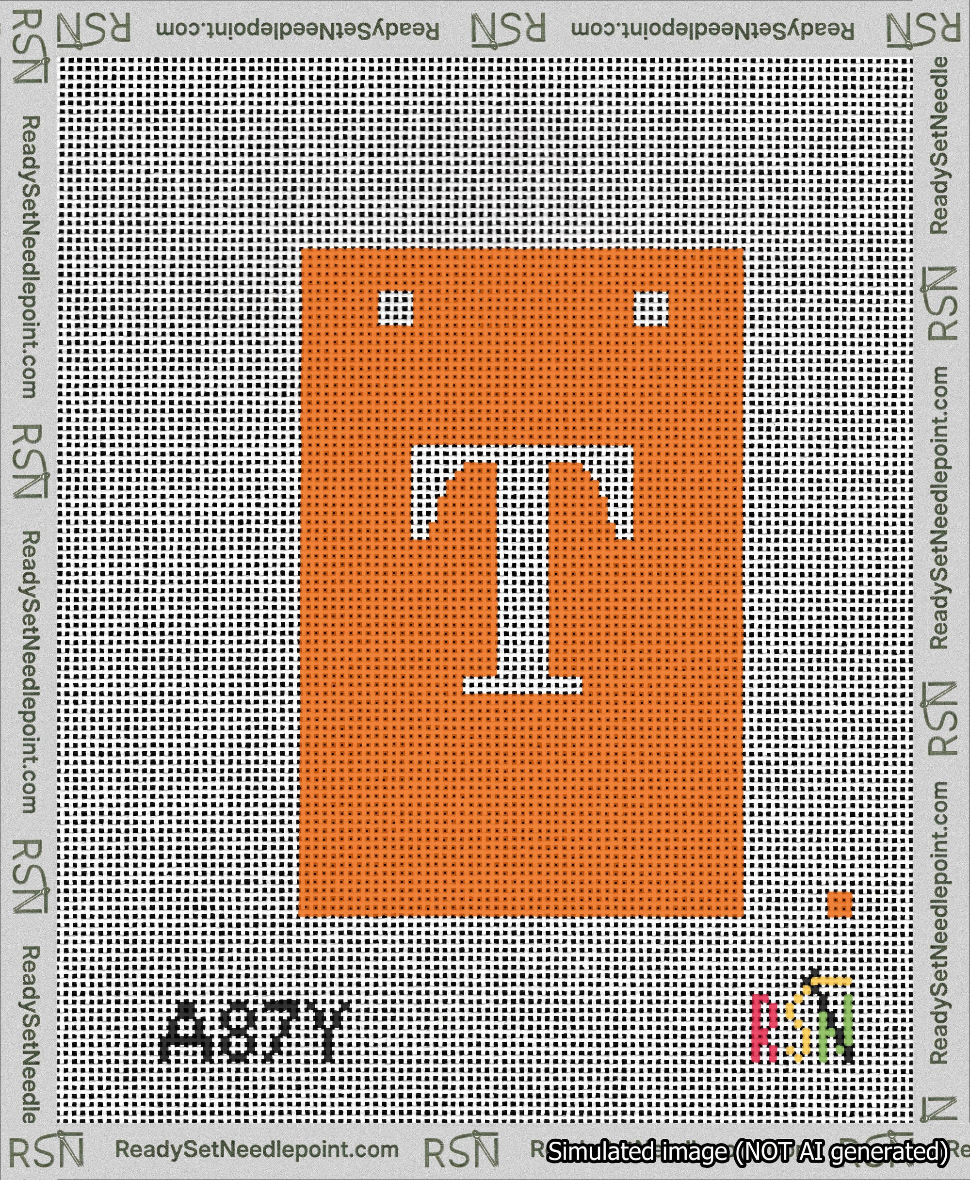 A taped needlepoint canvas with the design: Banner 13 mesh count Squared T White on Orange.