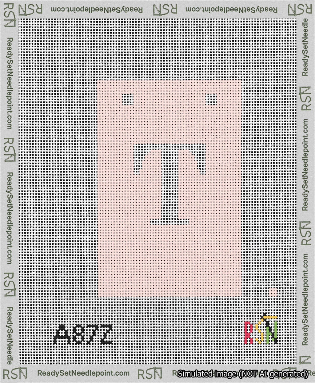 A taped needlepoint canvas with the design: Banner 13 mesh count Squared T White on Pink.