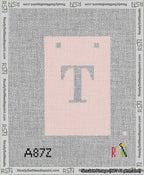A taped needlepoint canvas with the design: Banner 13 mesh count Squared T White on Pink.