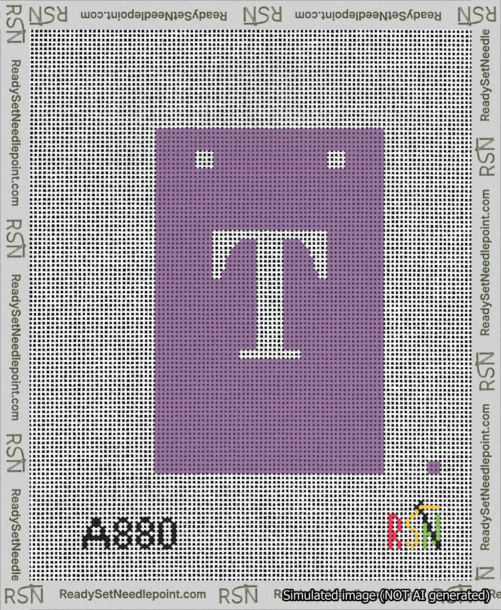 A taped needlepoint canvas with the design: Banner 13 mesh count Squared T White on Purple.