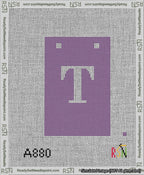 A taped needlepoint canvas with the design: Banner 13 mesh count Squared T White on Purple.