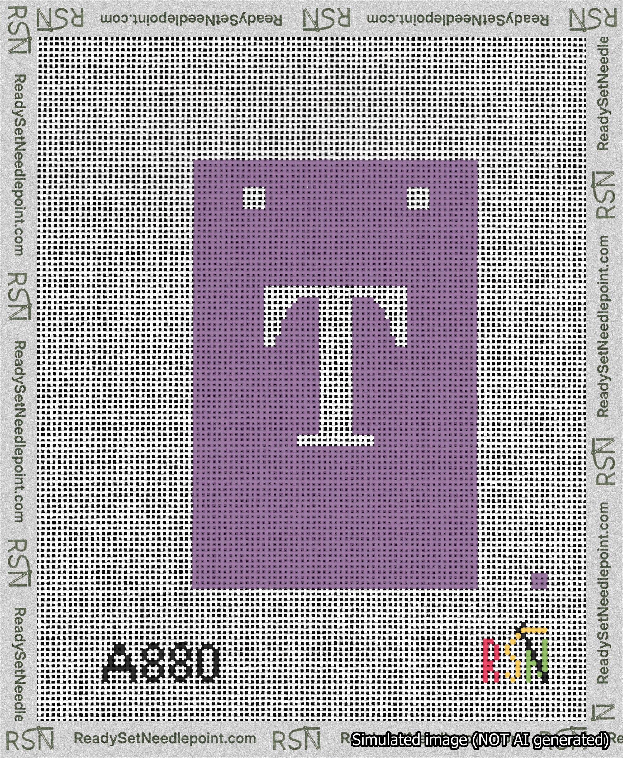 A taped needlepoint canvas with the design: Banner 13 mesh count Squared T White on Purple.