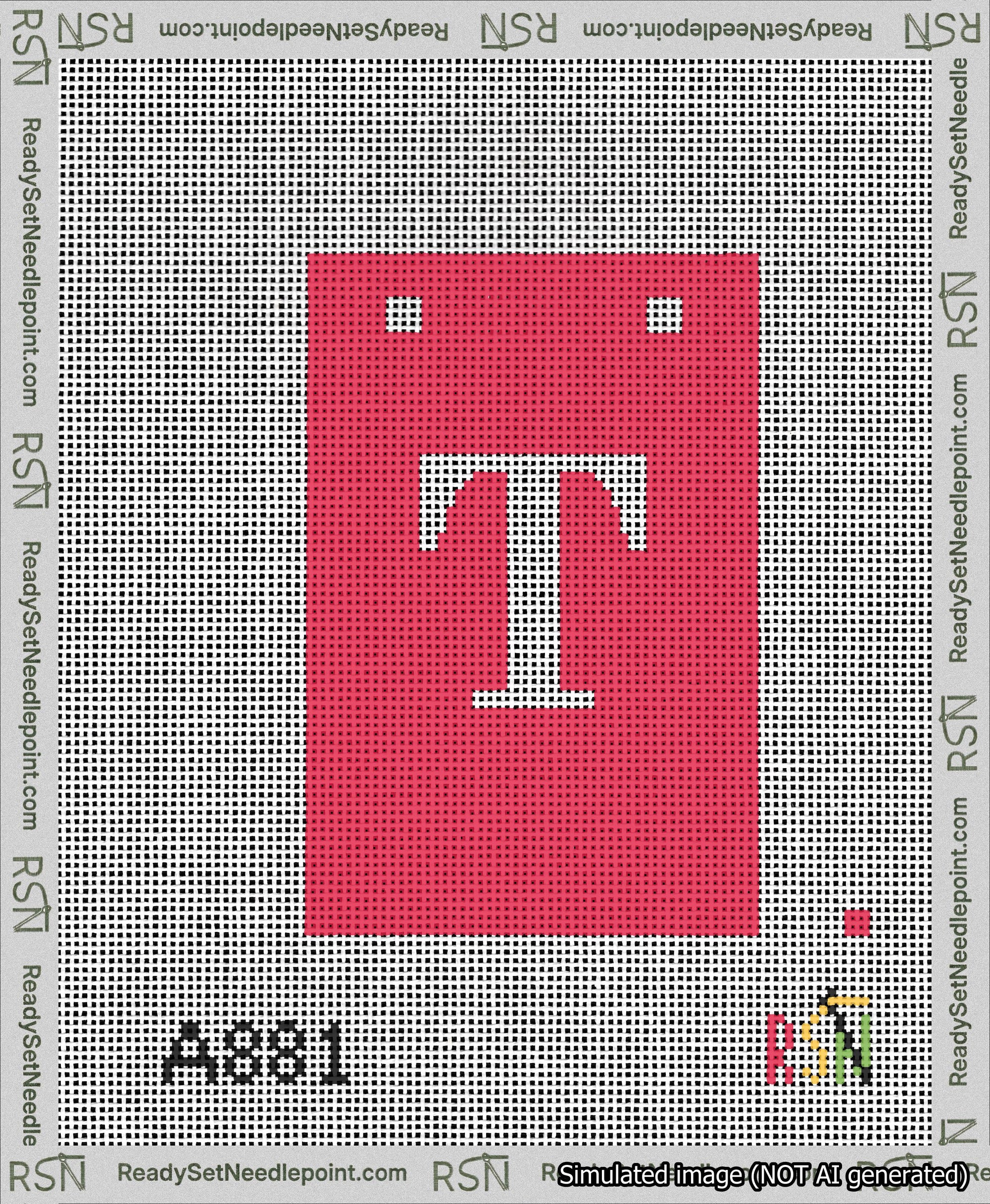A taped needlepoint canvas with the design: Banner 13 mesh count Squared T White on Red.