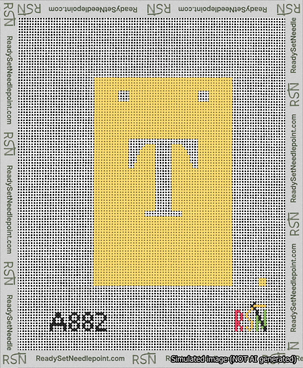 A taped needlepoint canvas with the design: Banner 13 mesh count Squared T White on Yellow.