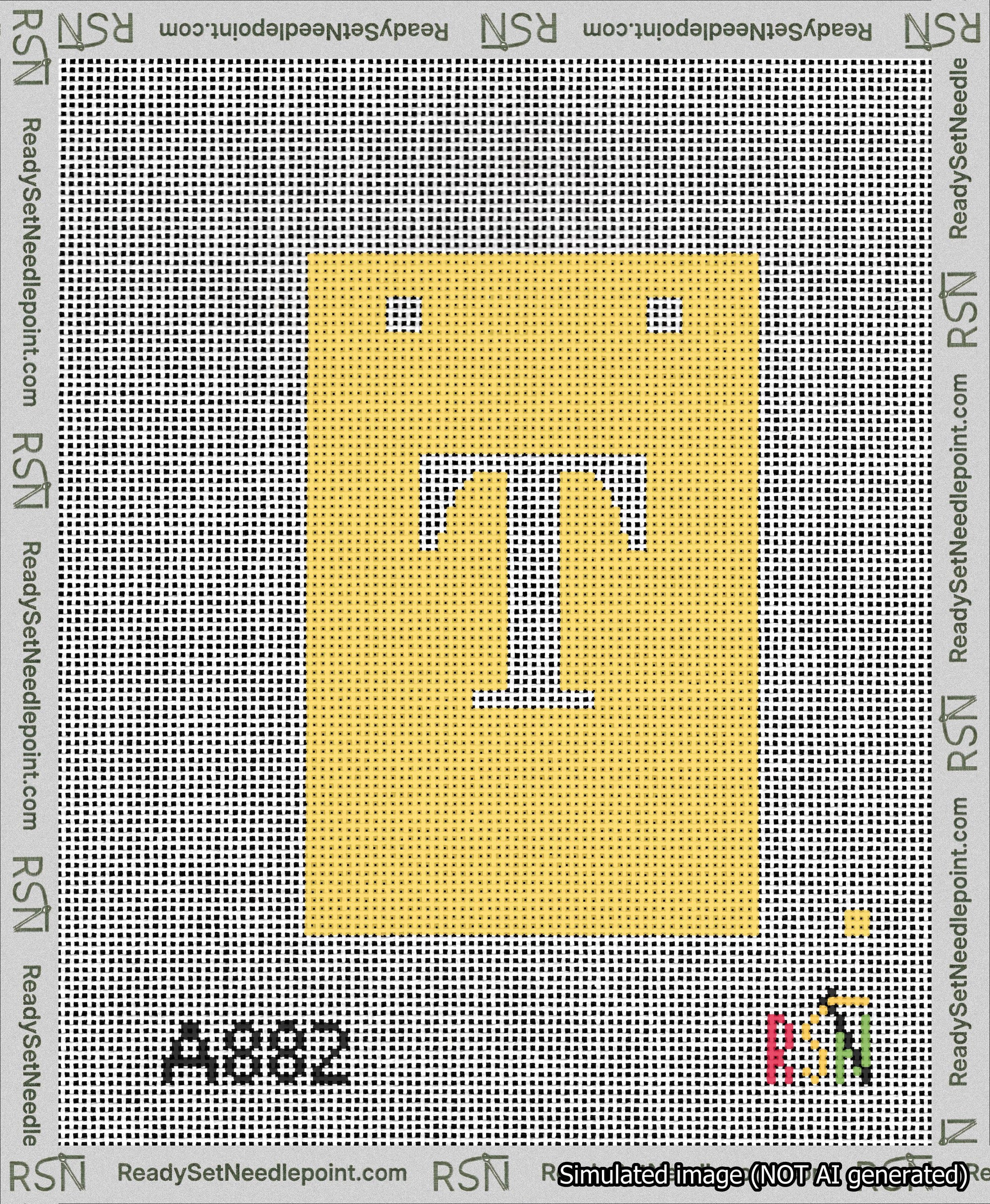 A taped needlepoint canvas with the design: Banner 13 mesh count Squared T White on Yellow.
