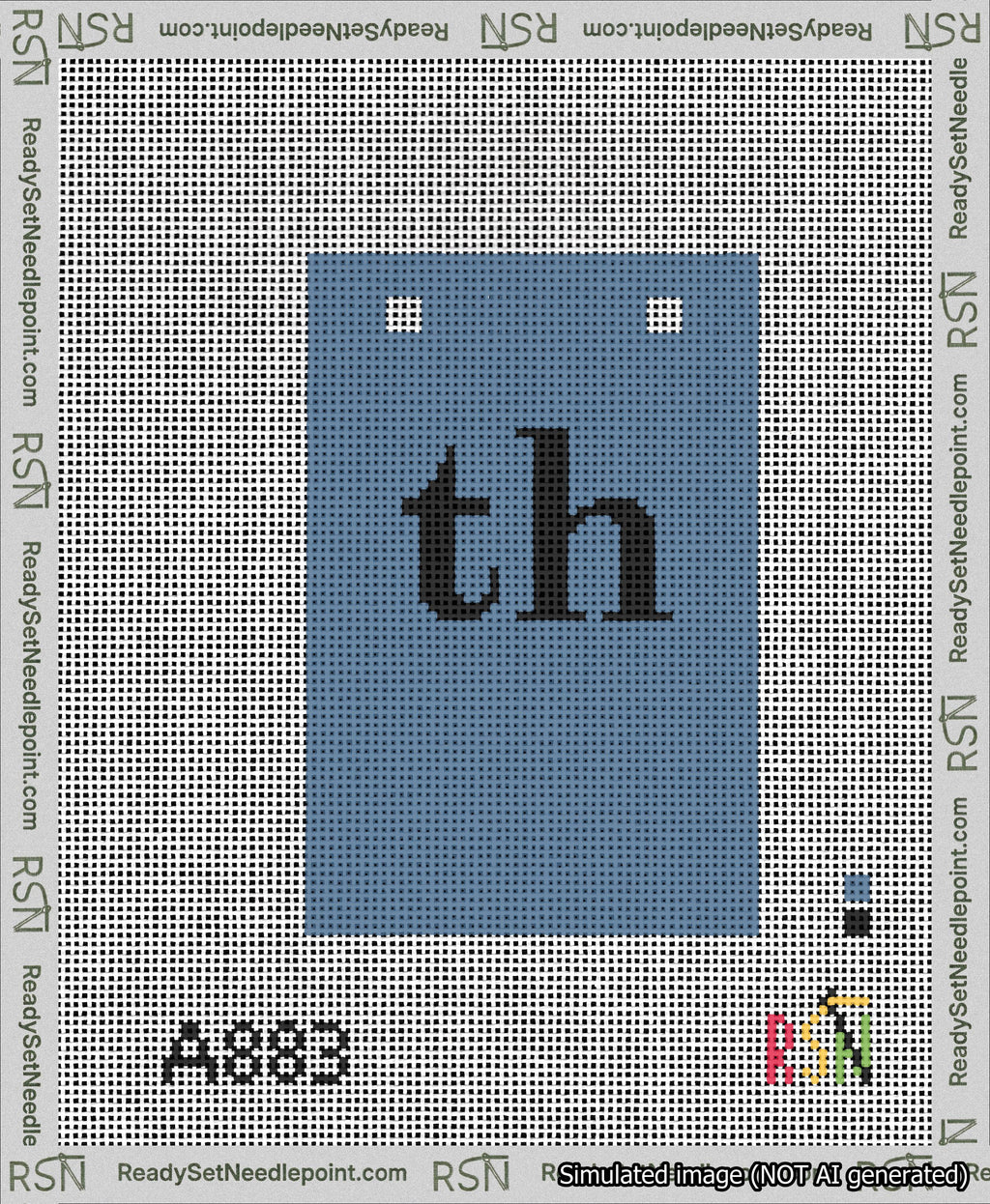 A taped needlepoint canvas with the design: Banner 13 mesh count Squared th Black on Blue.