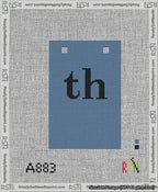 A taped needlepoint canvas with the design: Banner 13 mesh count Squared th Black on Blue.