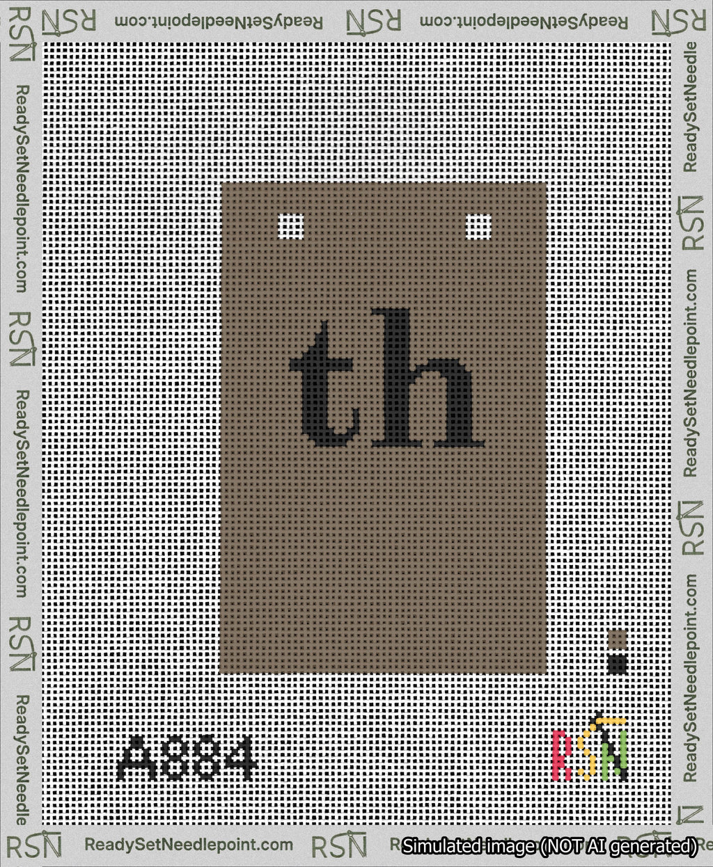 A taped needlepoint canvas with the design: Banner 13 mesh count Squared th Black on Brown.