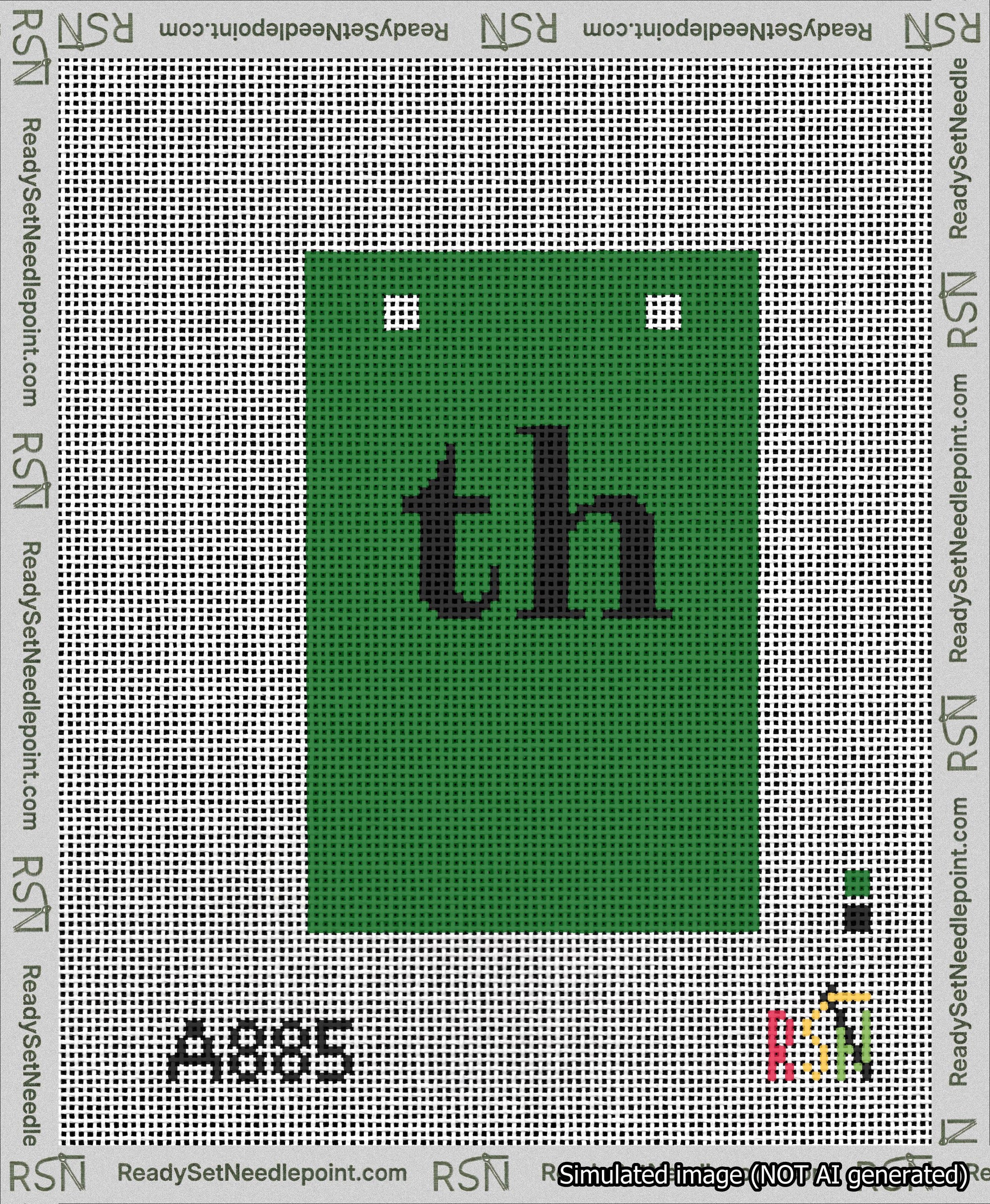 A taped needlepoint canvas with the design: Banner 13 mesh count Squared th Black on Green.