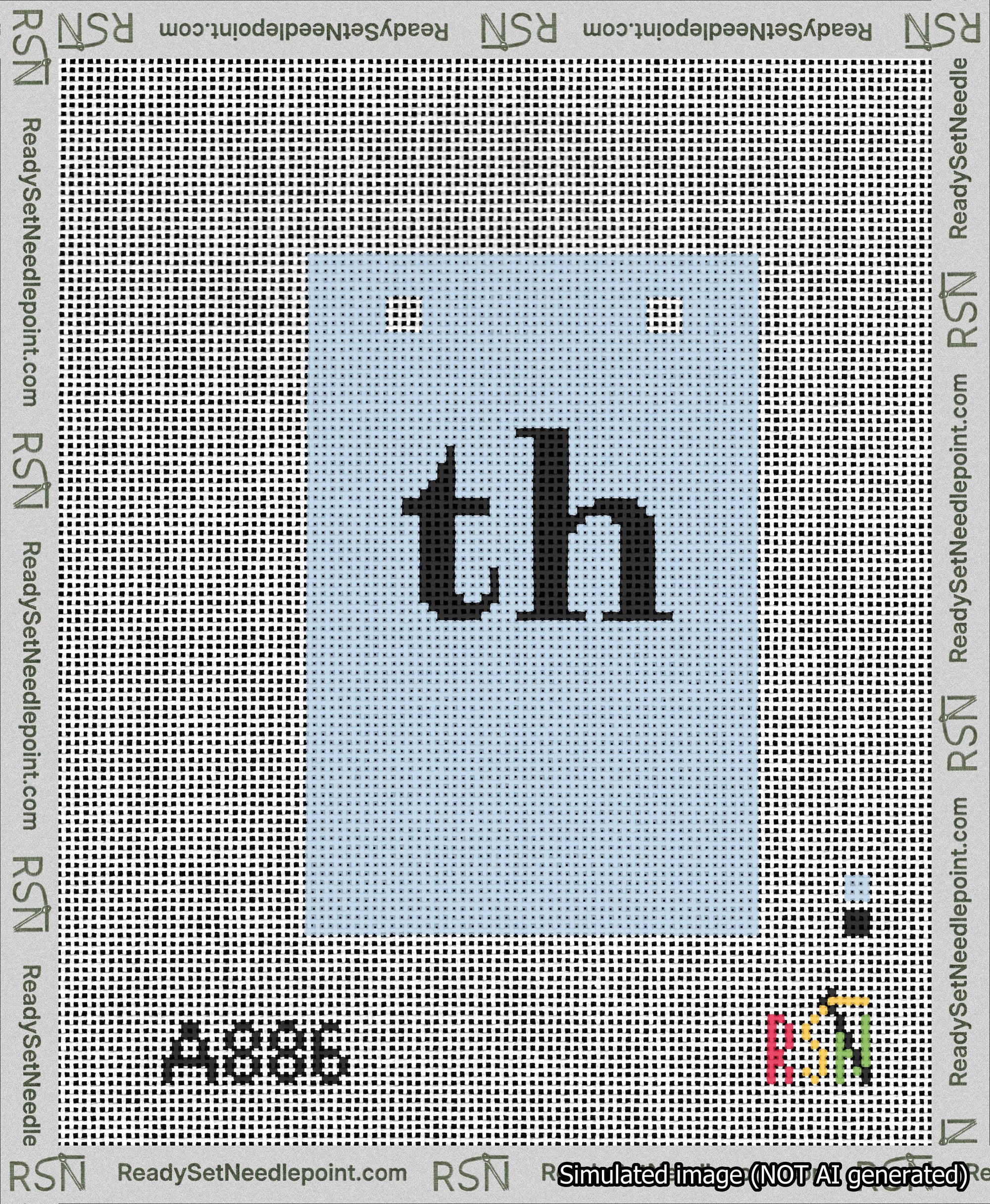 A taped needlepoint canvas with the design: Banner 13 mesh count Squared th Black on Light Blue.