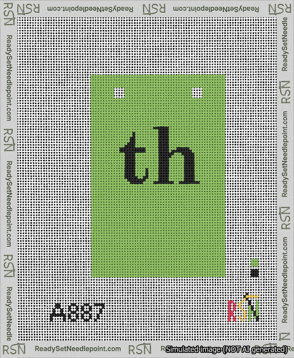 A taped needlepoint canvas with the design: Banner 13 mesh count Squared th Black on Light Green.