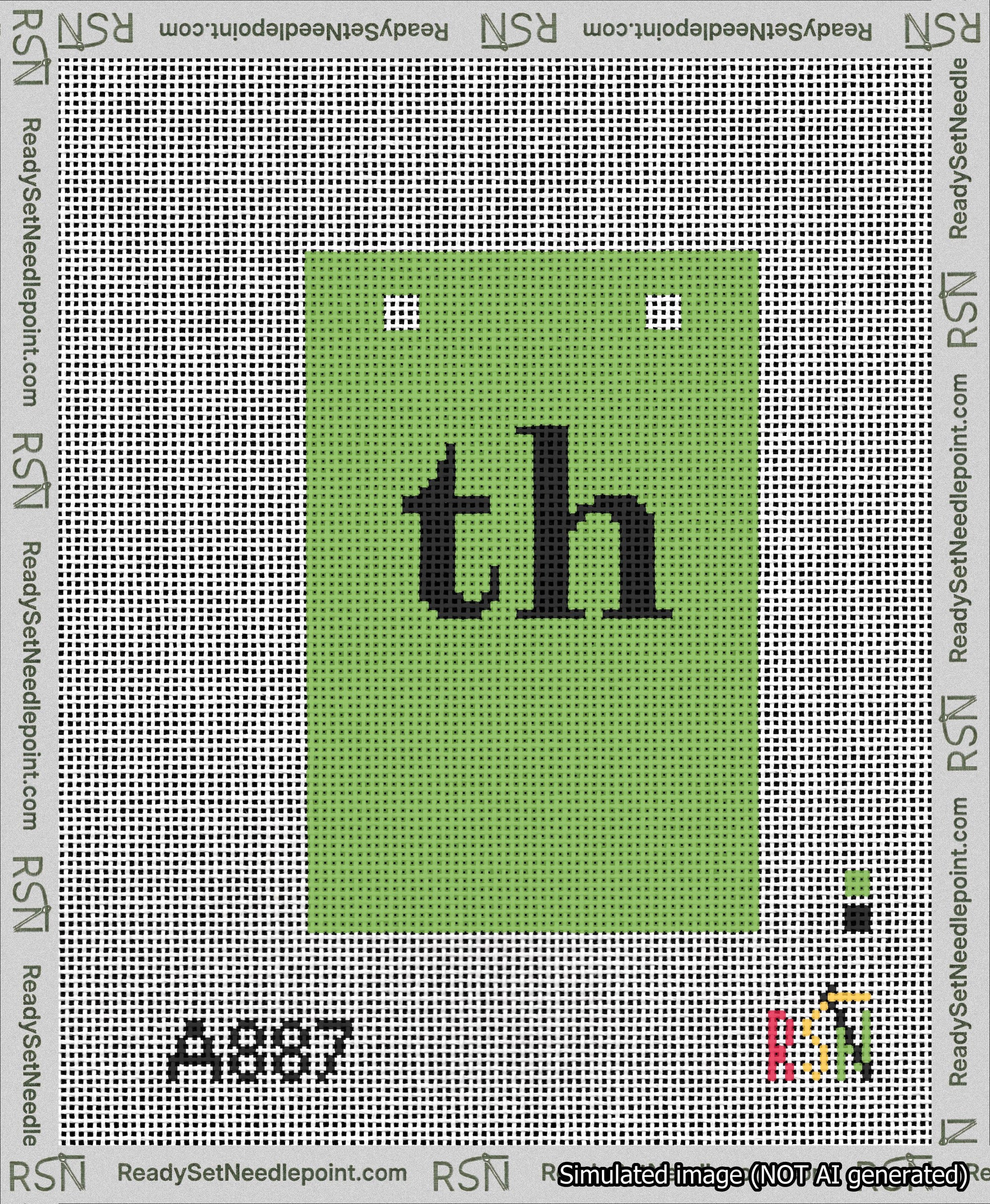 A taped needlepoint canvas with the design: Banner 13 mesh count Squared th Black on Light Green.
