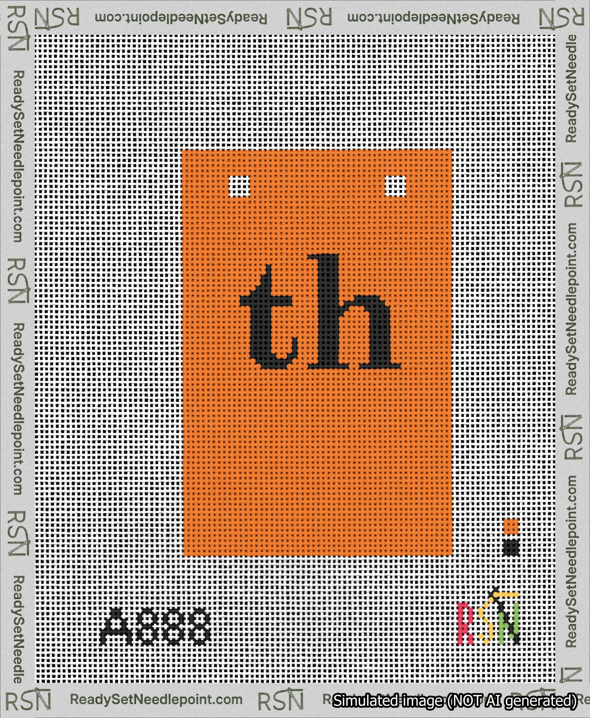 A taped needlepoint canvas with the design: Banner 13 mesh count Squared th Black on Orange.