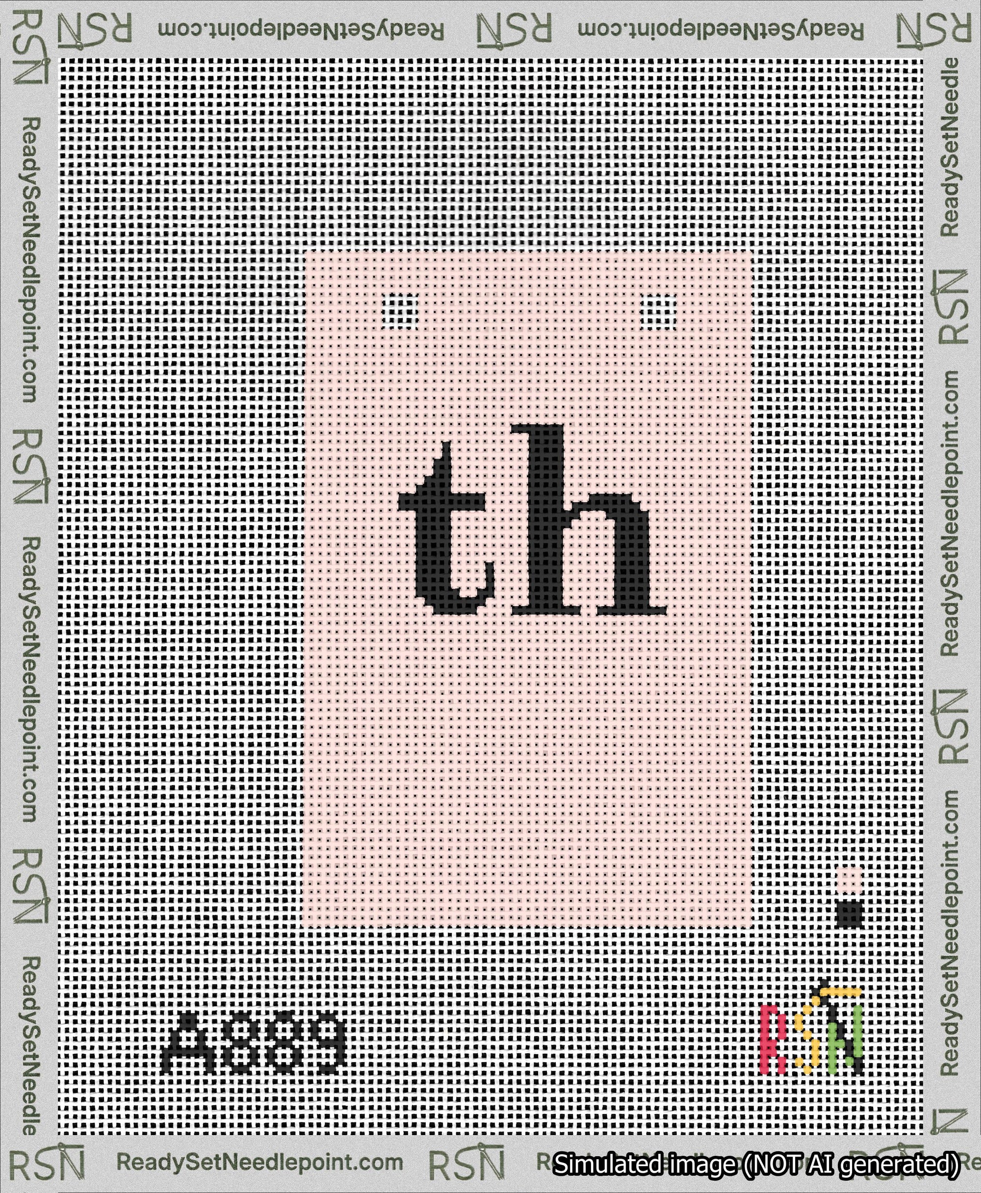 A taped needlepoint canvas with the design: Banner 13 mesh count Squared th Black on Pink.