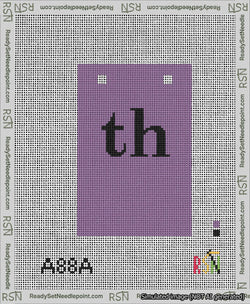 A taped needlepoint canvas with the design: Banner 13 mesh count Squared th Black on Purple.