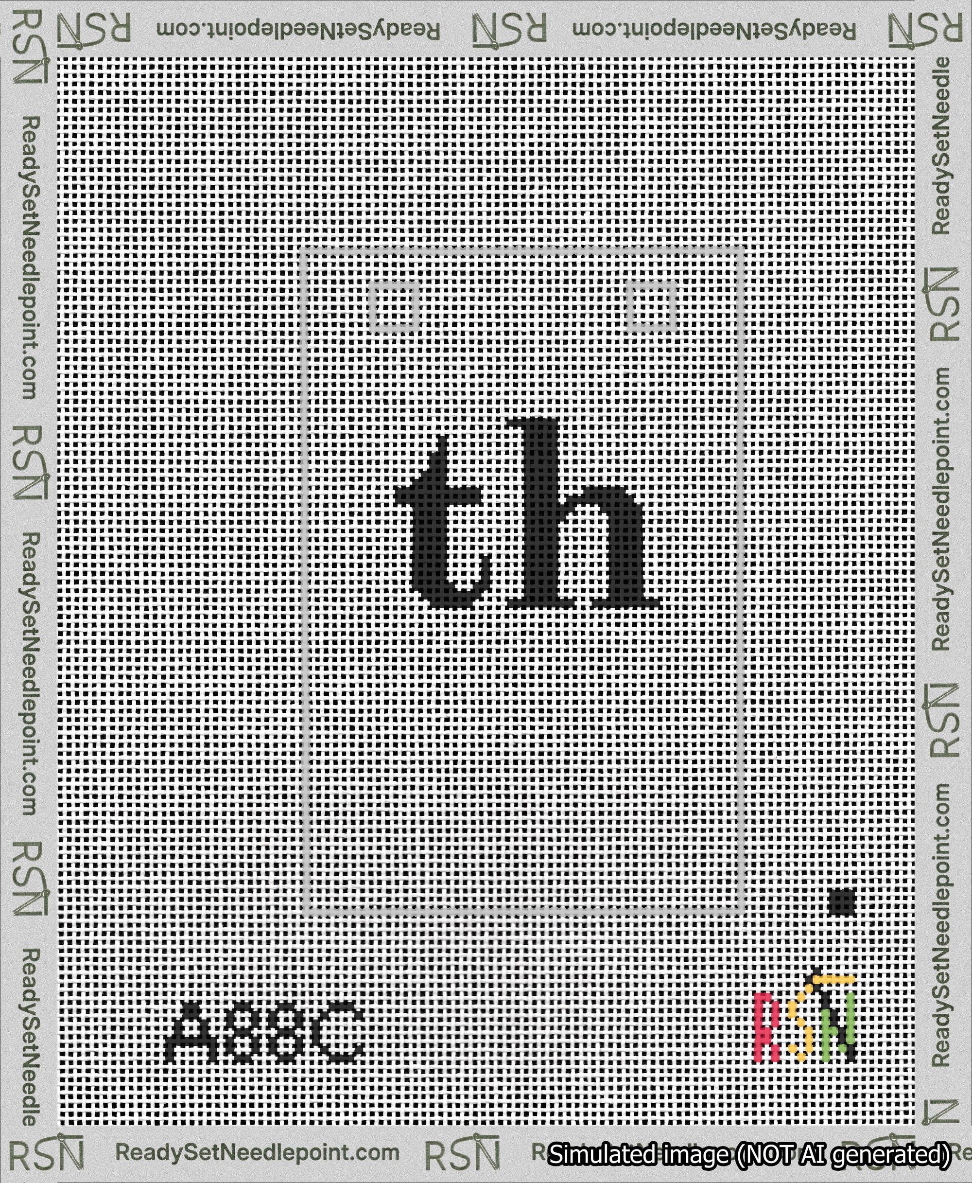 A taped needlepoint canvas with the design: Banner 13 mesh count Squared th Black on White.