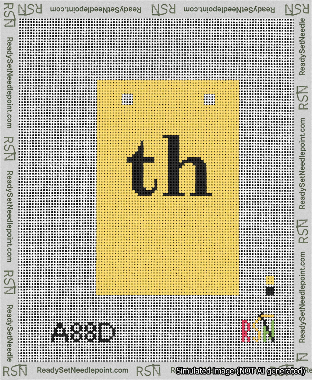 A taped needlepoint canvas with the design: Banner 13 mesh count Squared th Black on Yellow.