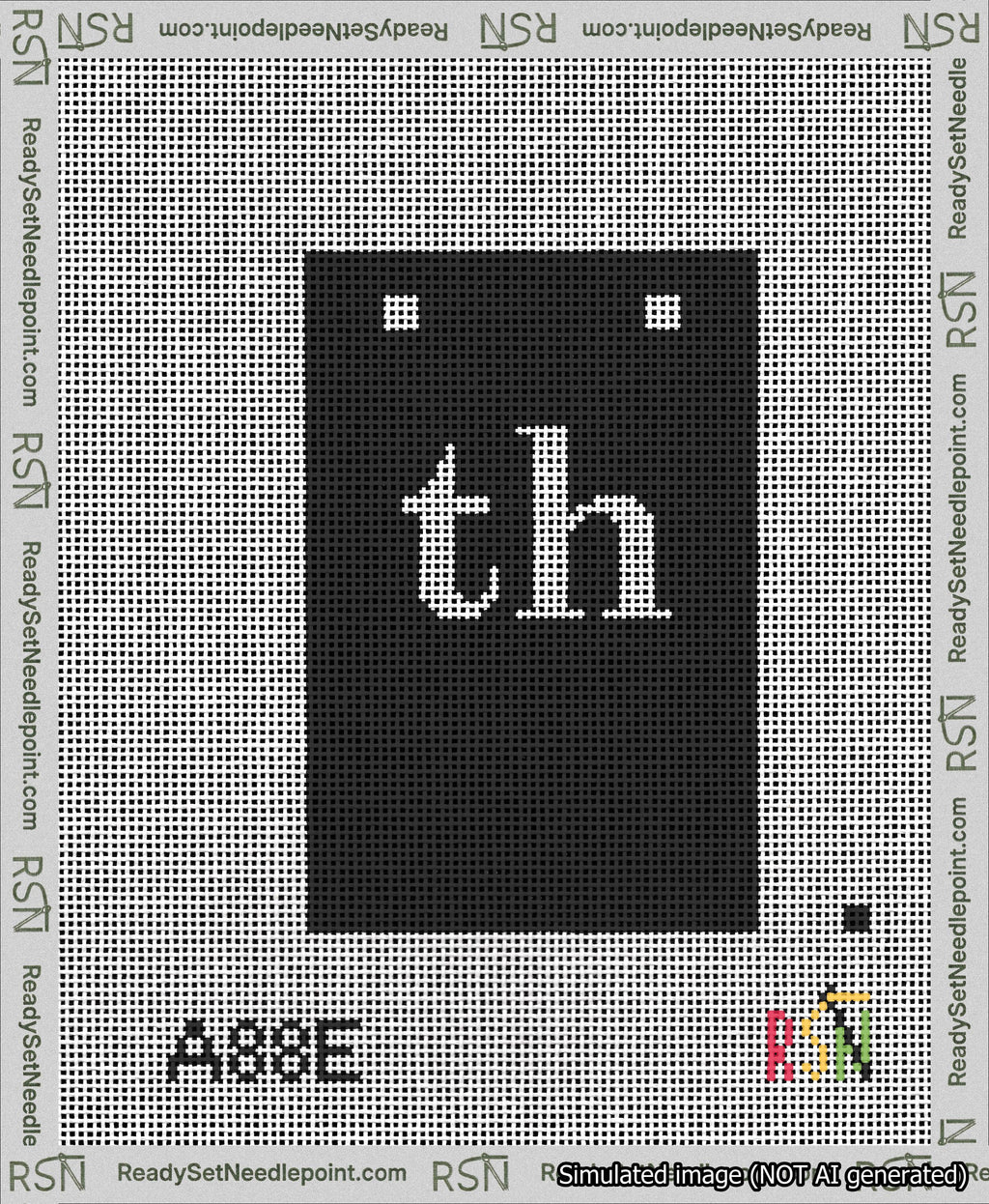 A taped needlepoint canvas with the design: Banner 13 mesh count Squared th White on Black.