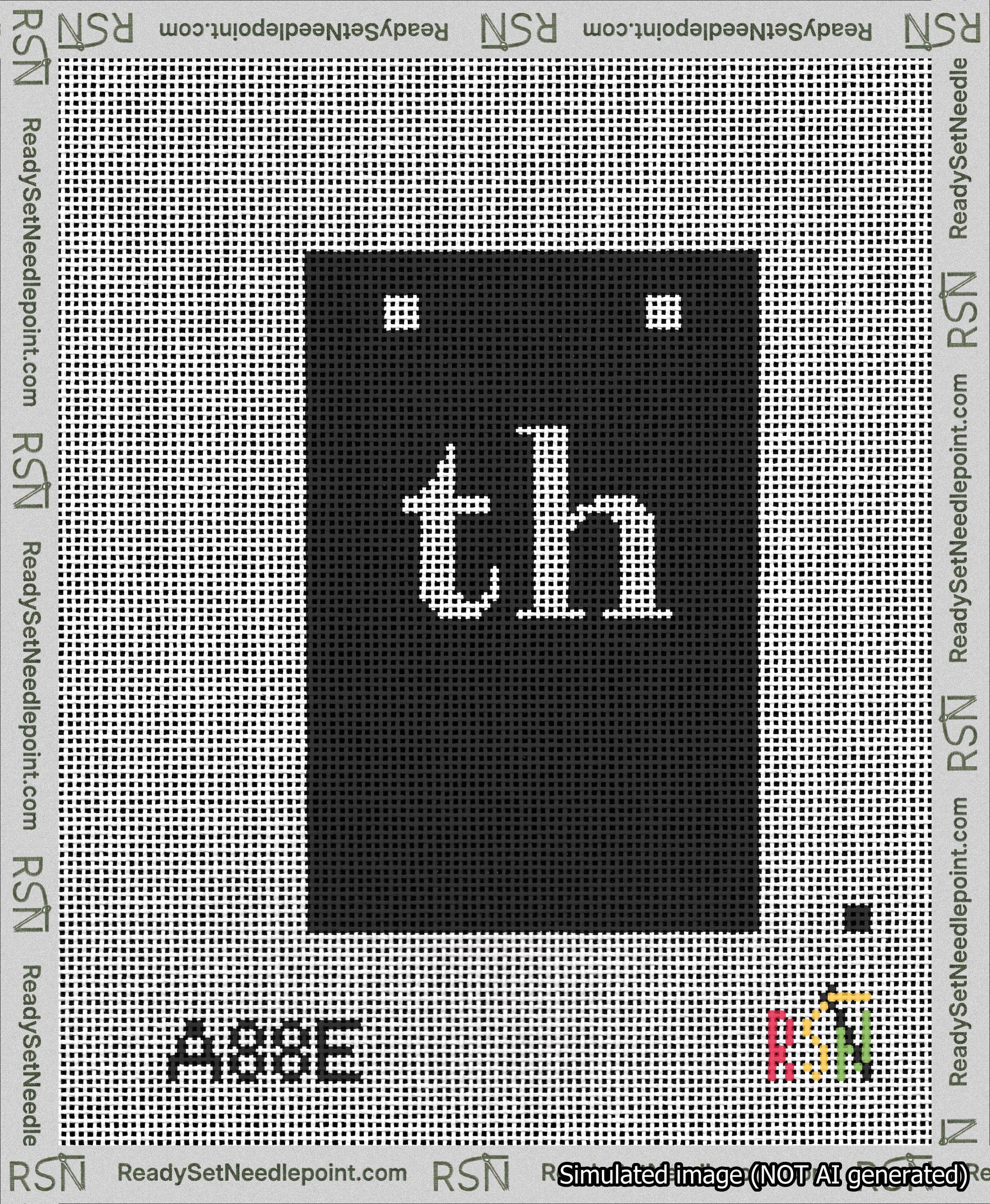 A taped needlepoint canvas with the design: Banner 13 mesh count Squared th White on Black.