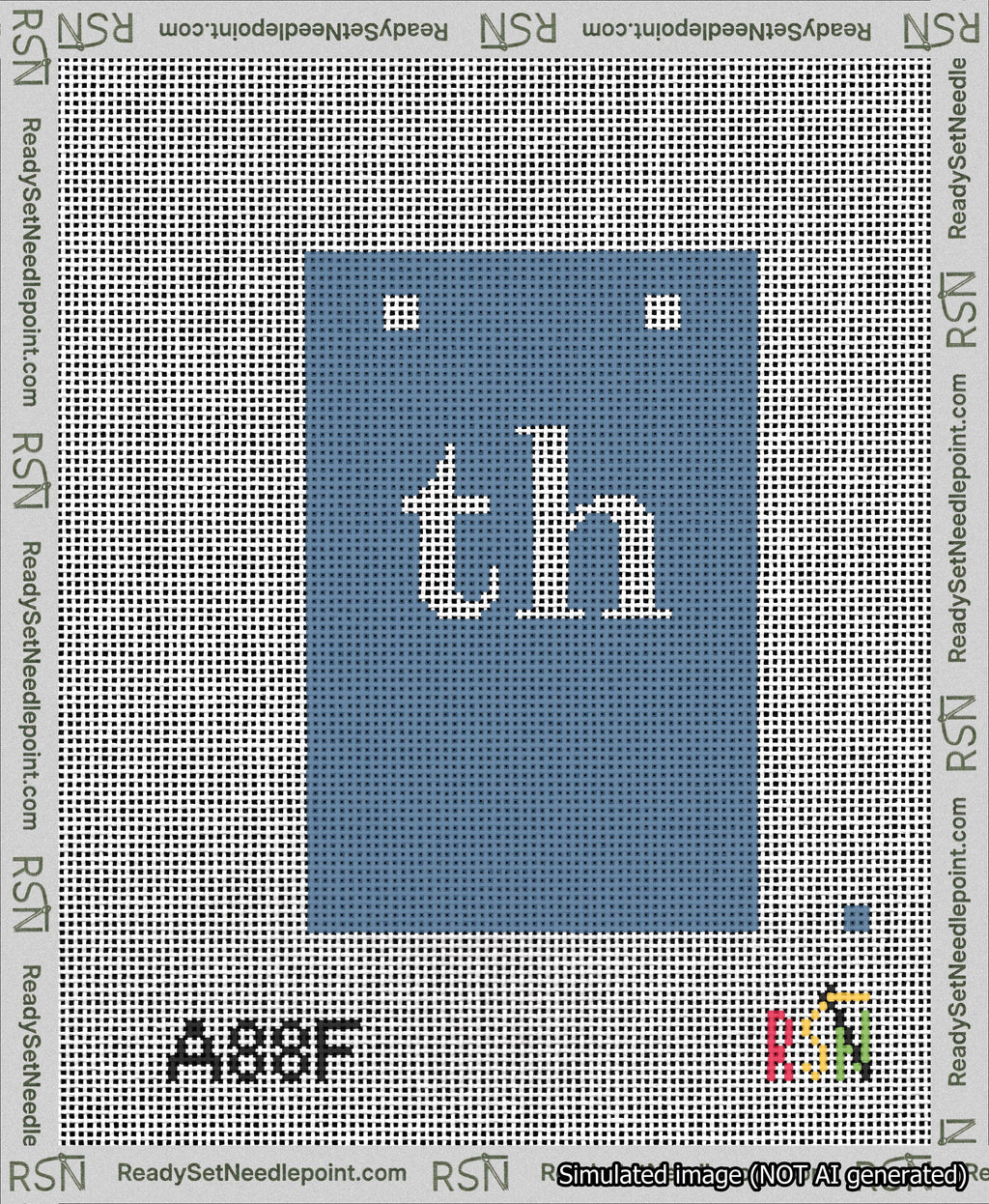 A taped needlepoint canvas with the design: Banner 13 mesh count Squared th White on Blue.