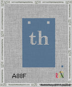 A taped needlepoint canvas with the design: Banner 13 mesh count Squared th White on Blue.