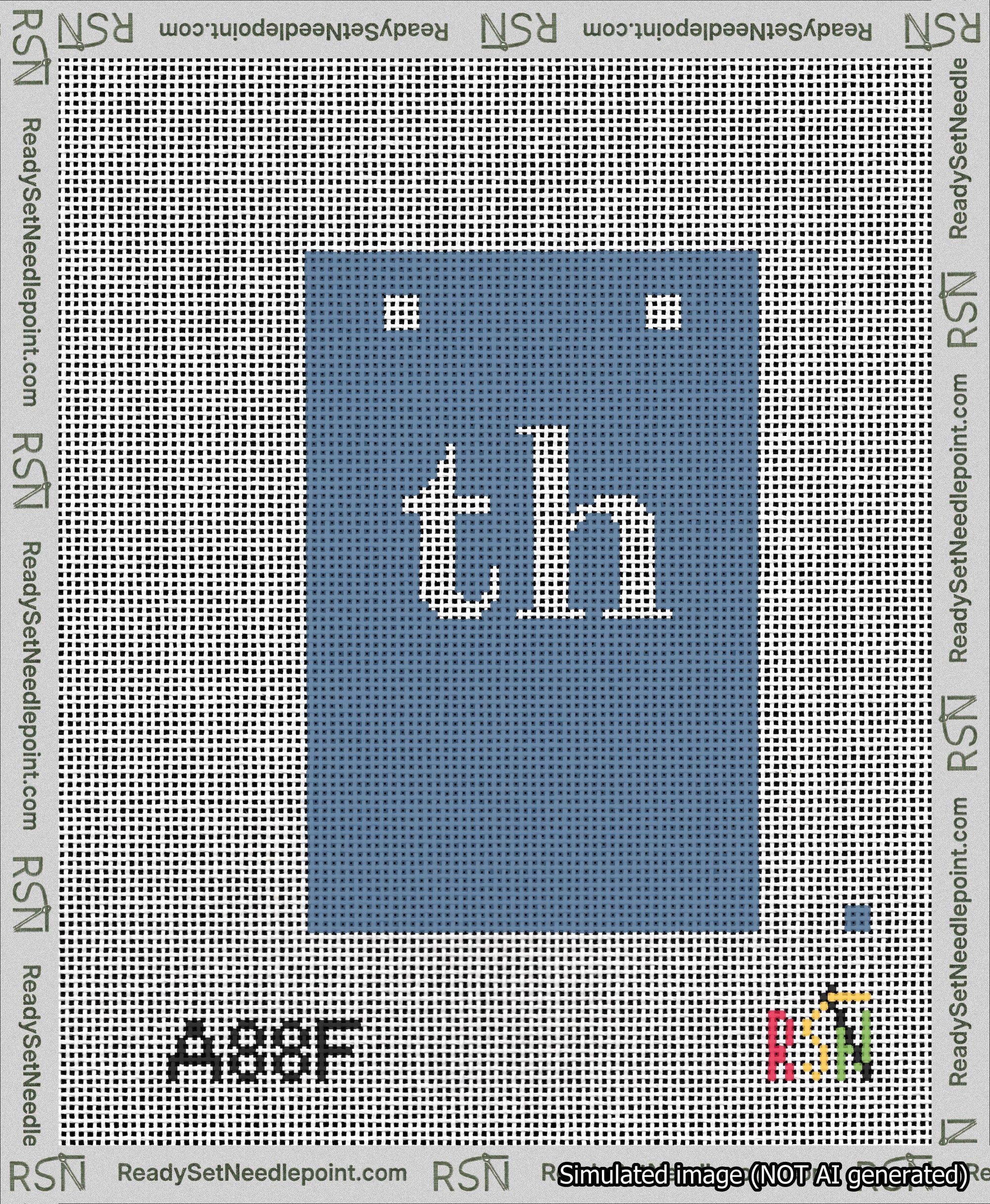 A taped needlepoint canvas with the design: Banner 13 mesh count Squared th White on Blue.