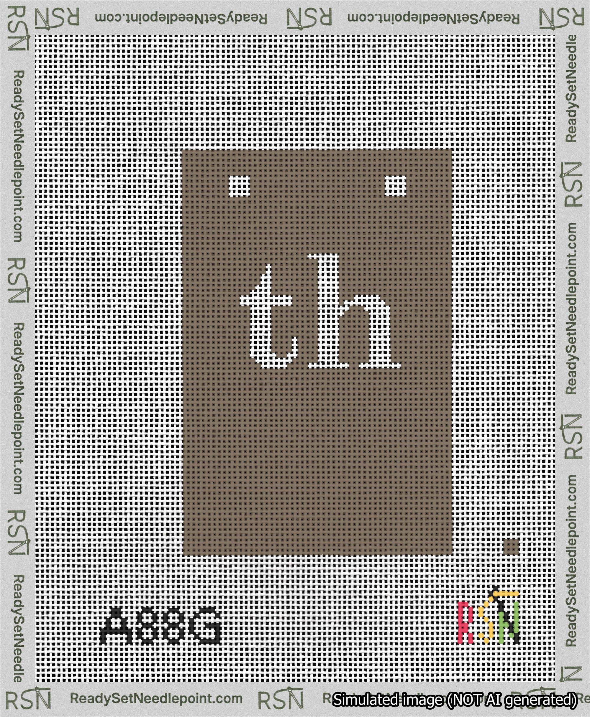 A taped needlepoint canvas with the design: Banner 13 mesh count Squared th White on Brown.