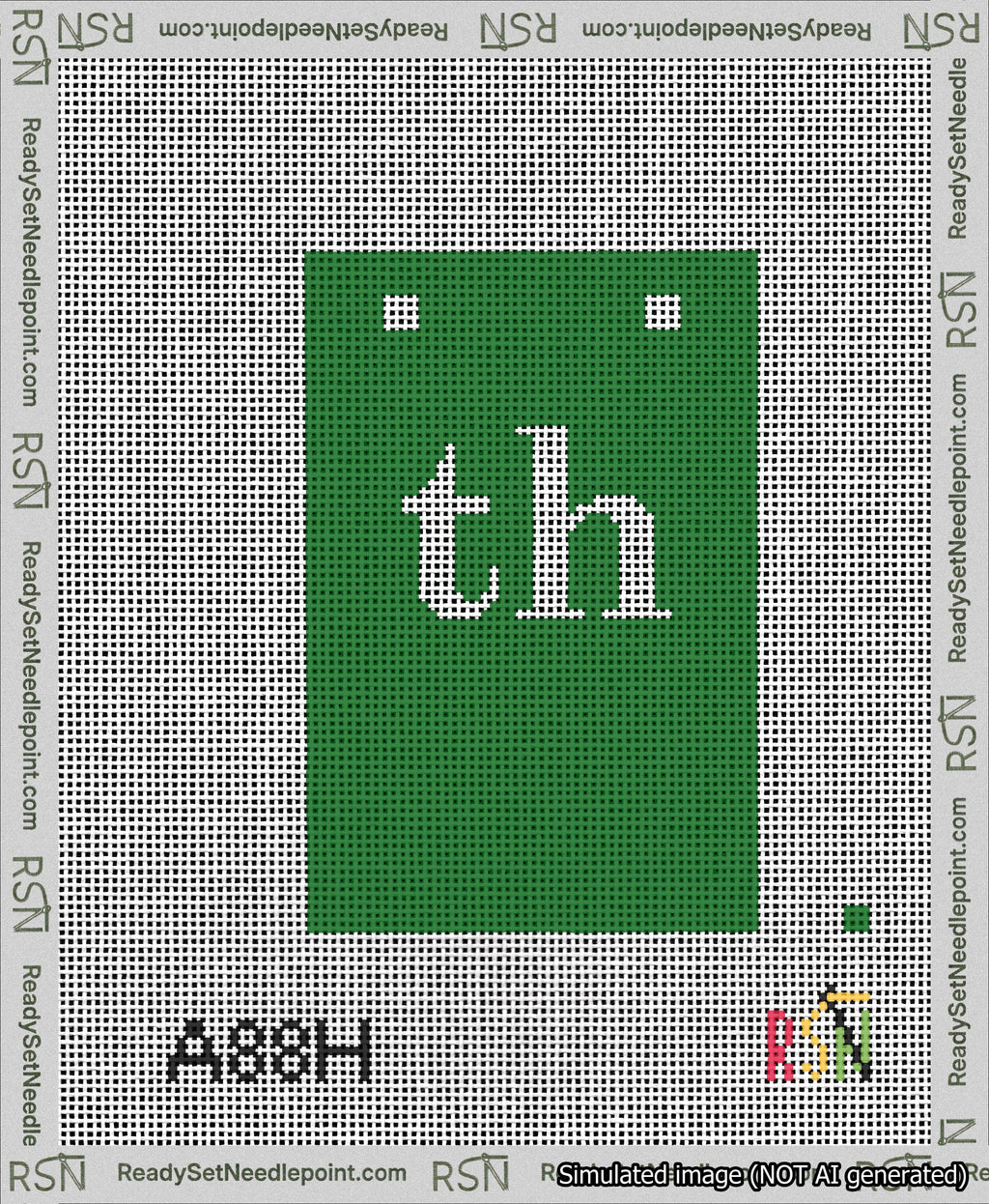 A taped needlepoint canvas with the design: Banner 13 mesh count Squared th White on Green.