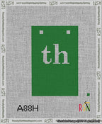 A taped needlepoint canvas with the design: Banner 13 mesh count Squared th White on Green.