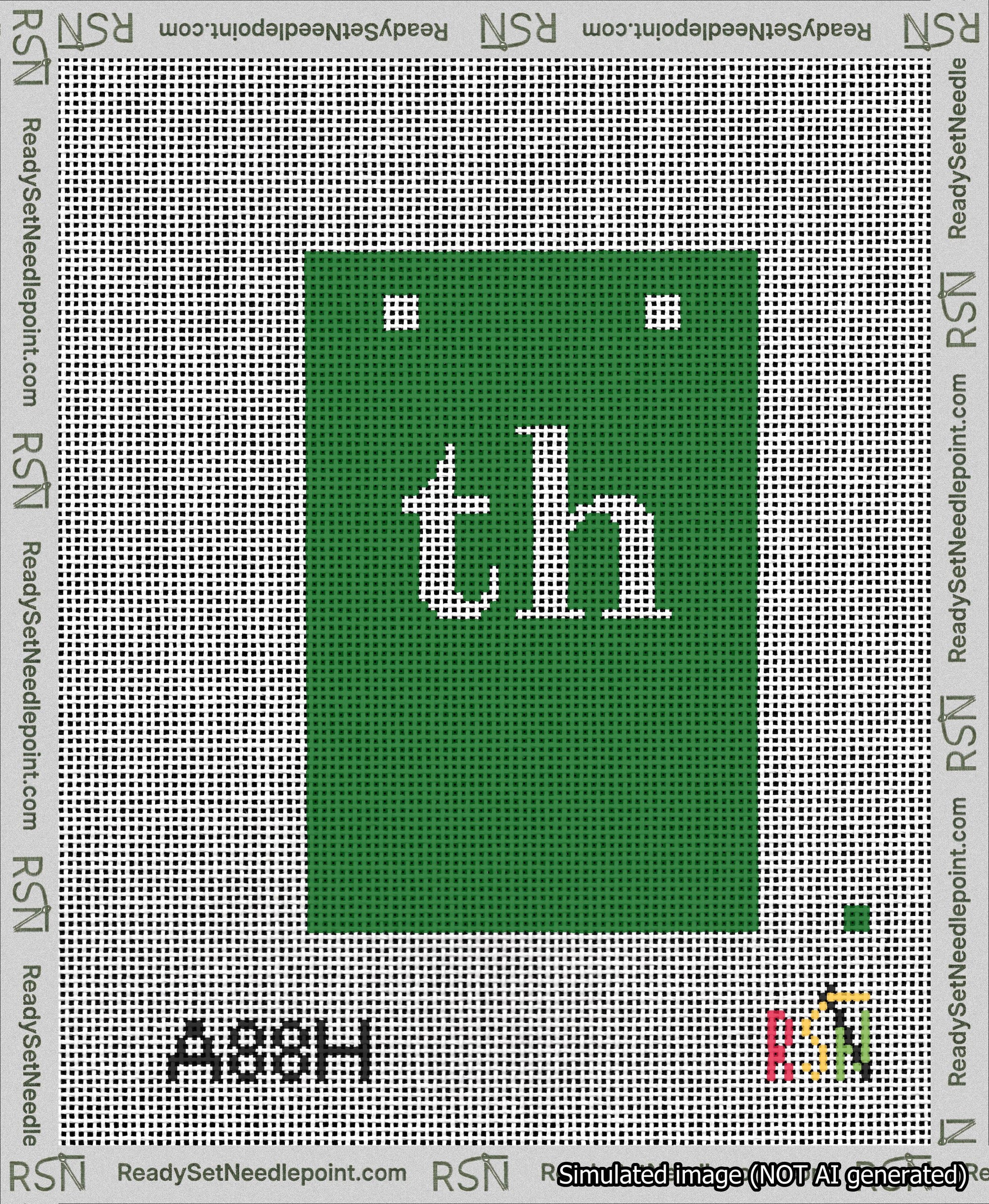 A taped needlepoint canvas with the design: Banner 13 mesh count Squared th White on Green.