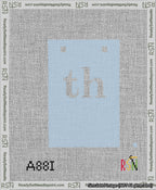 A taped needlepoint canvas with the design: Banner 13 mesh count Squared th White on Light Blue.
