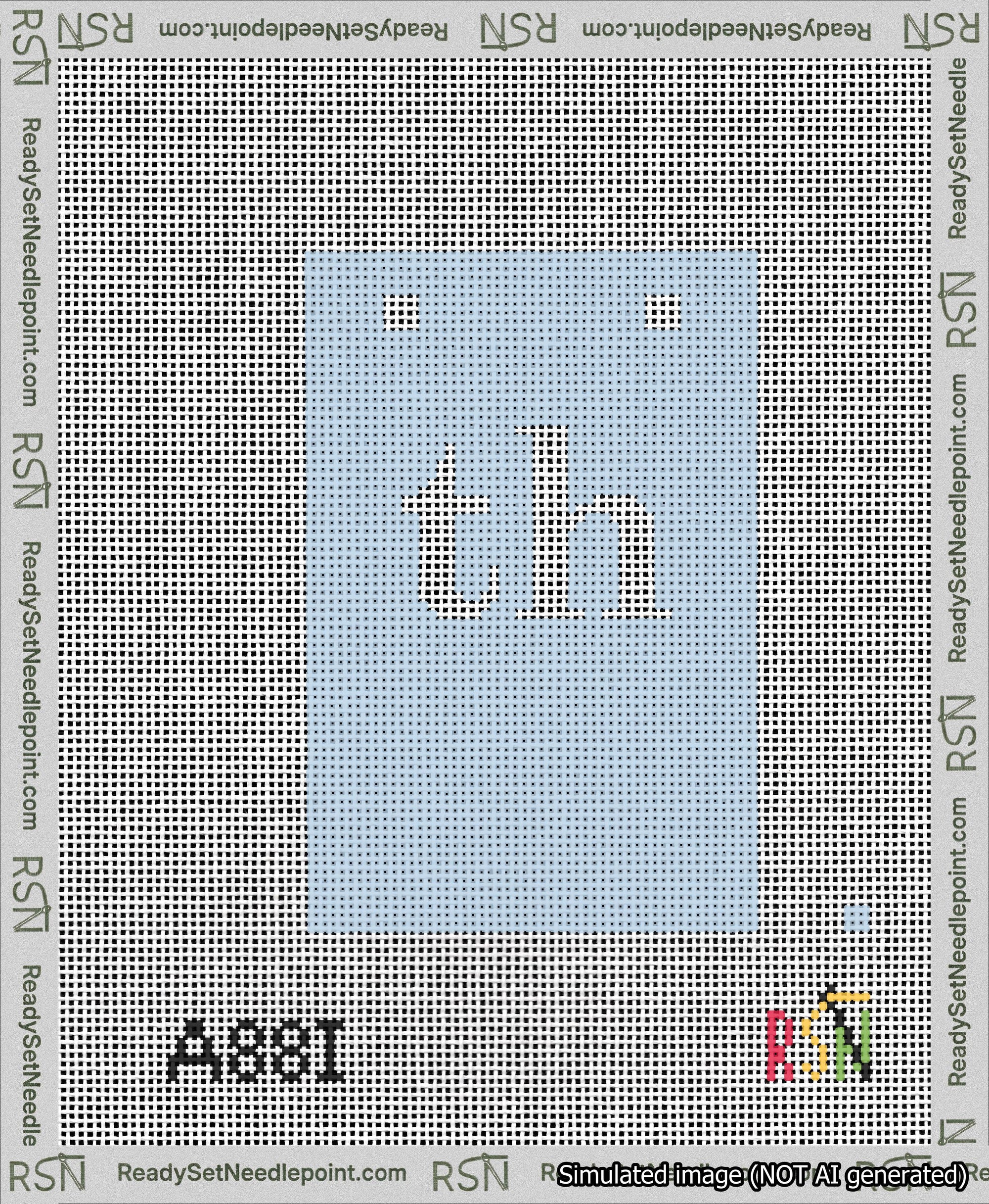 A taped needlepoint canvas with the design: Banner 13 mesh count Squared th White on Light Blue.