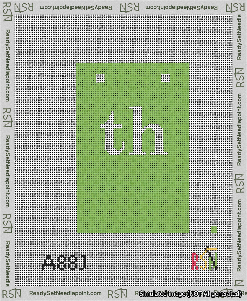 A taped needlepoint canvas with the design: Banner 13 mesh count Squared th White on Light Green.