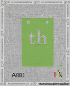 A taped needlepoint canvas with the design: Banner 13 mesh count Squared th White on Light Green.