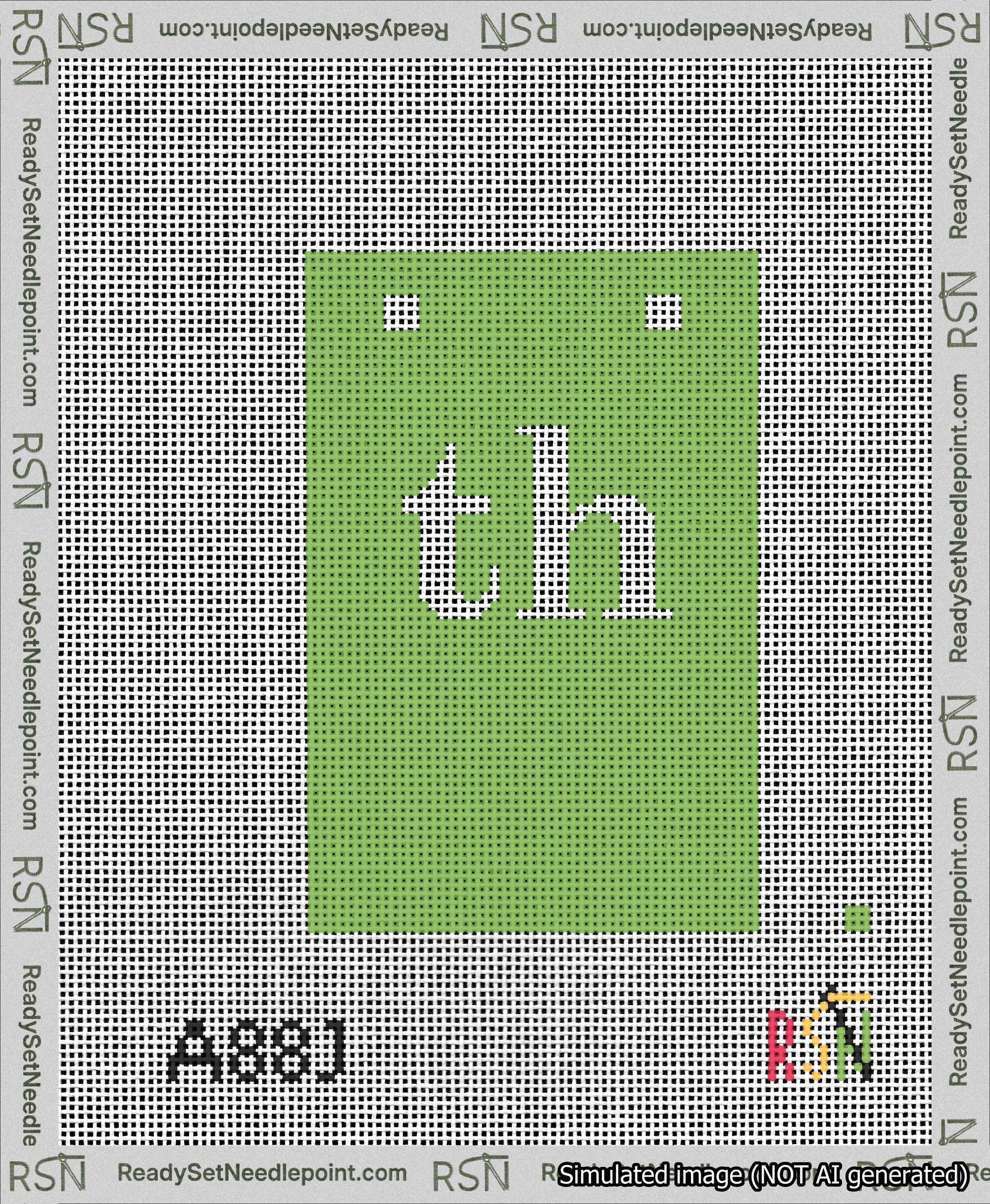 A taped needlepoint canvas with the design: Banner 13 mesh count Squared th White on Light Green.