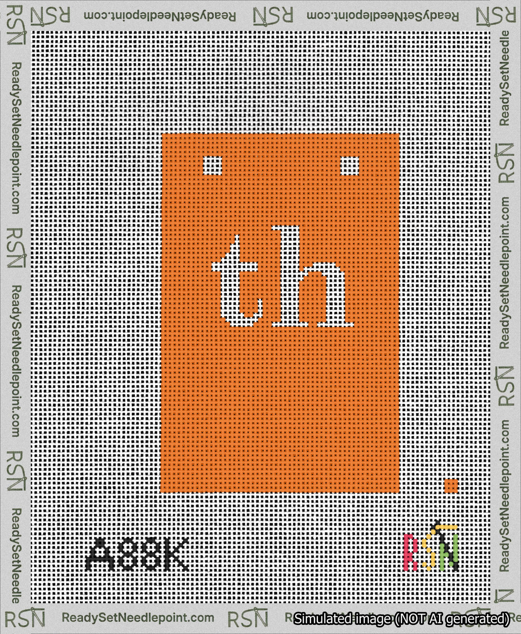A taped needlepoint canvas with the design: Banner 13 mesh count Squared th White on Orange.
