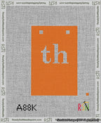A taped needlepoint canvas with the design: Banner 13 mesh count Squared th White on Orange.