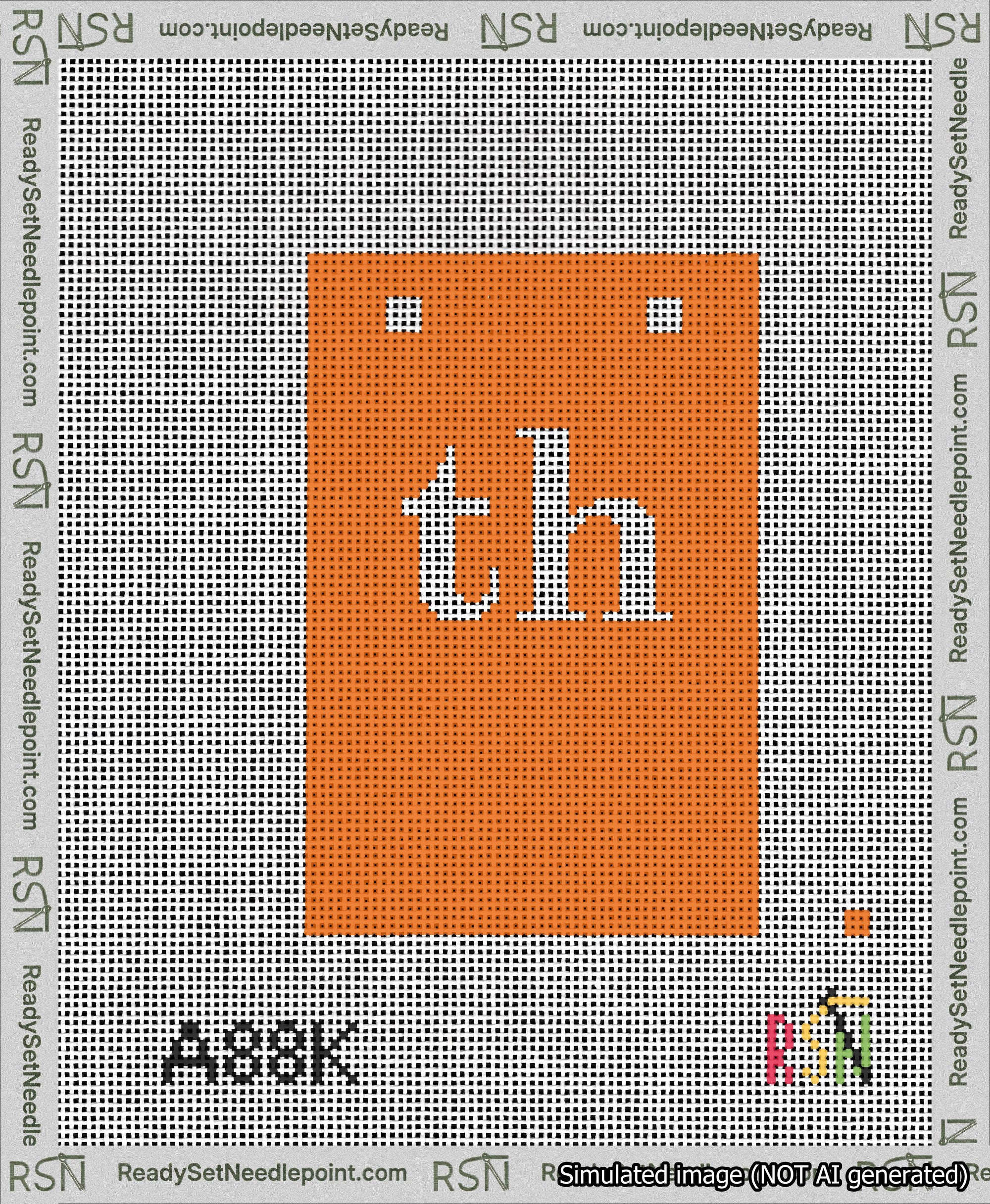 A taped needlepoint canvas with the design: Banner 13 mesh count Squared th White on Orange.