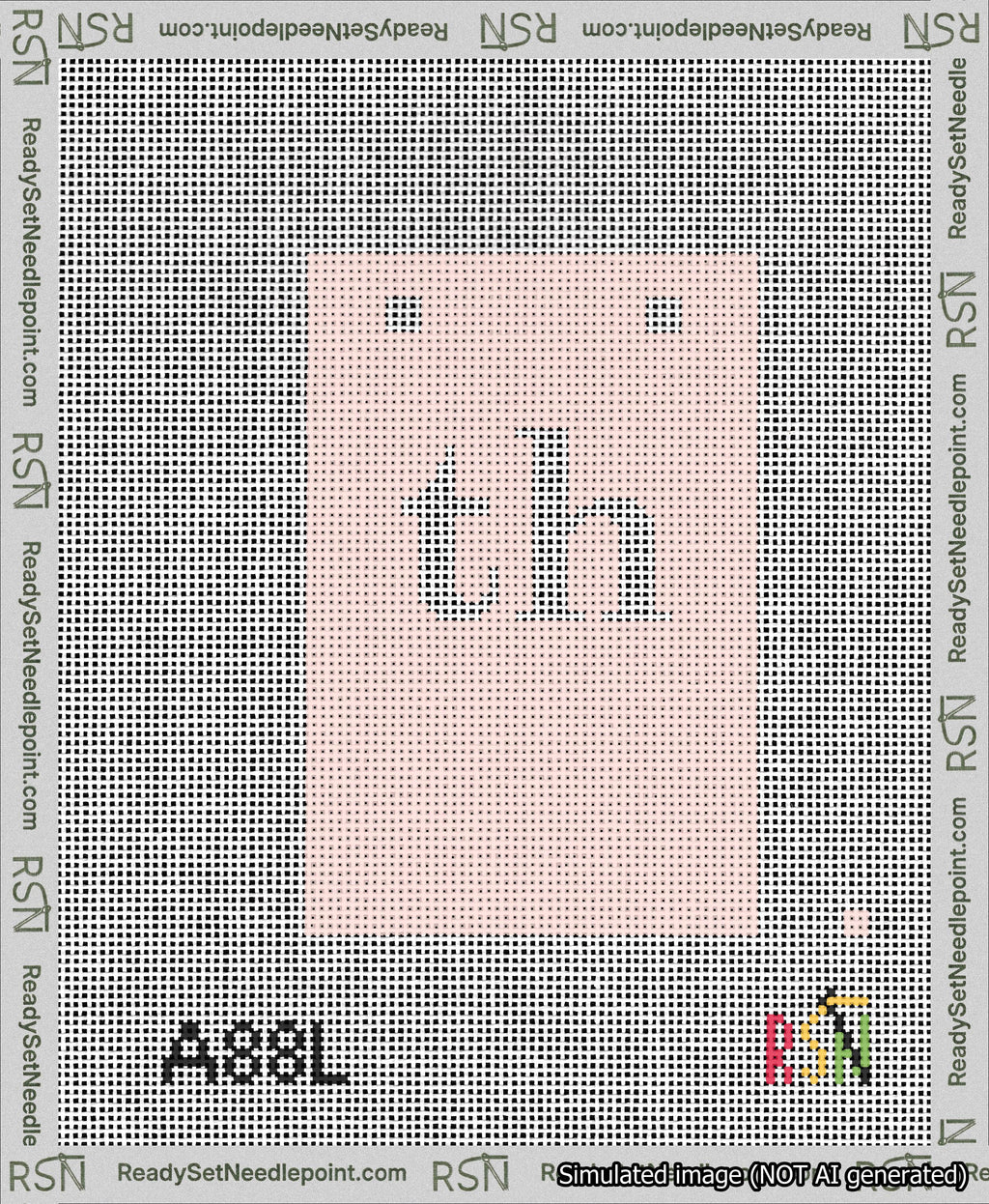 A taped needlepoint canvas with the design: Banner 13 mesh count Squared th White on Pink.