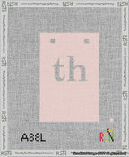 A taped needlepoint canvas with the design: Banner 13 mesh count Squared th White on Pink.