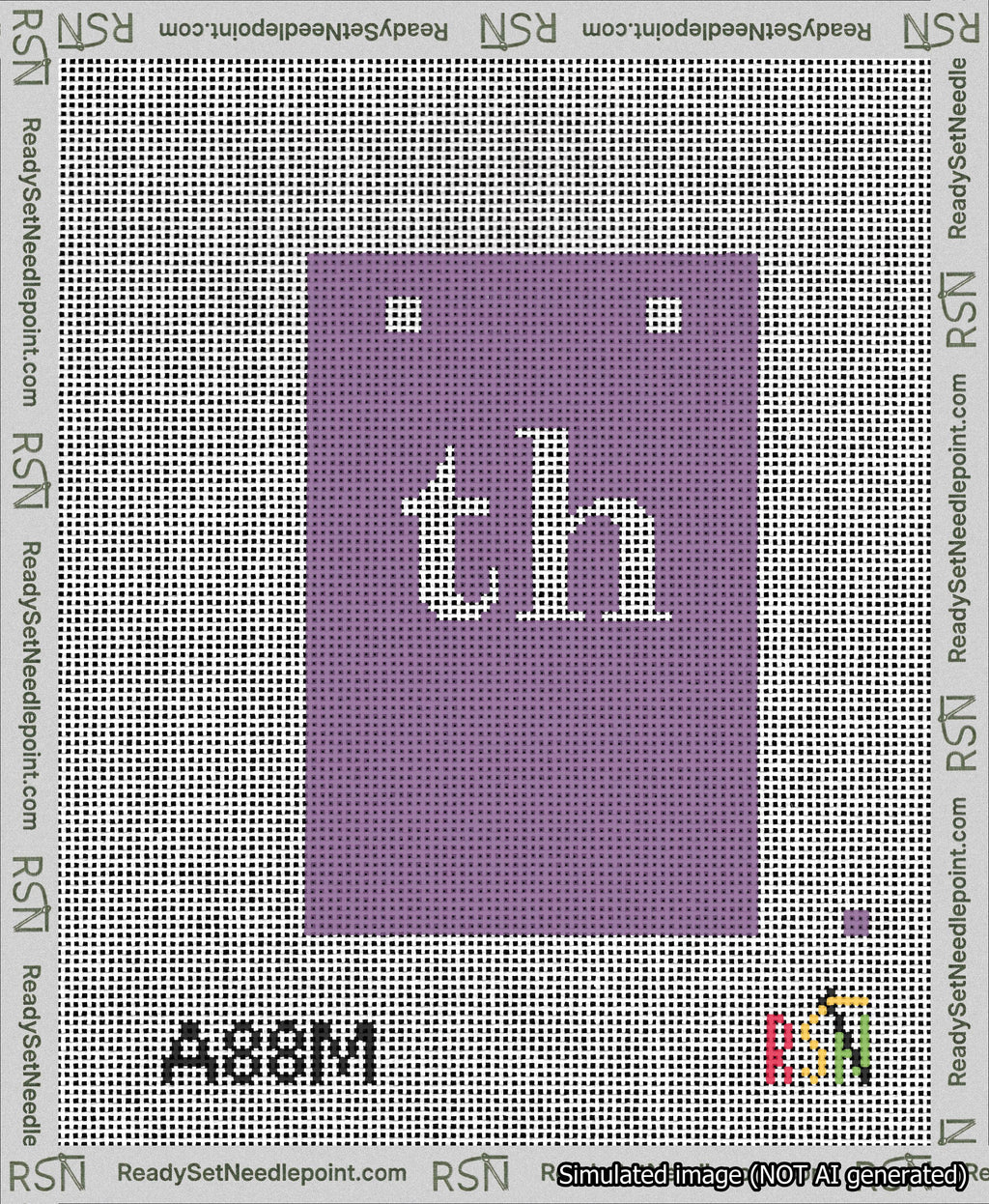 A taped needlepoint canvas with the design: Banner 13 mesh count Squared th White on Purple.