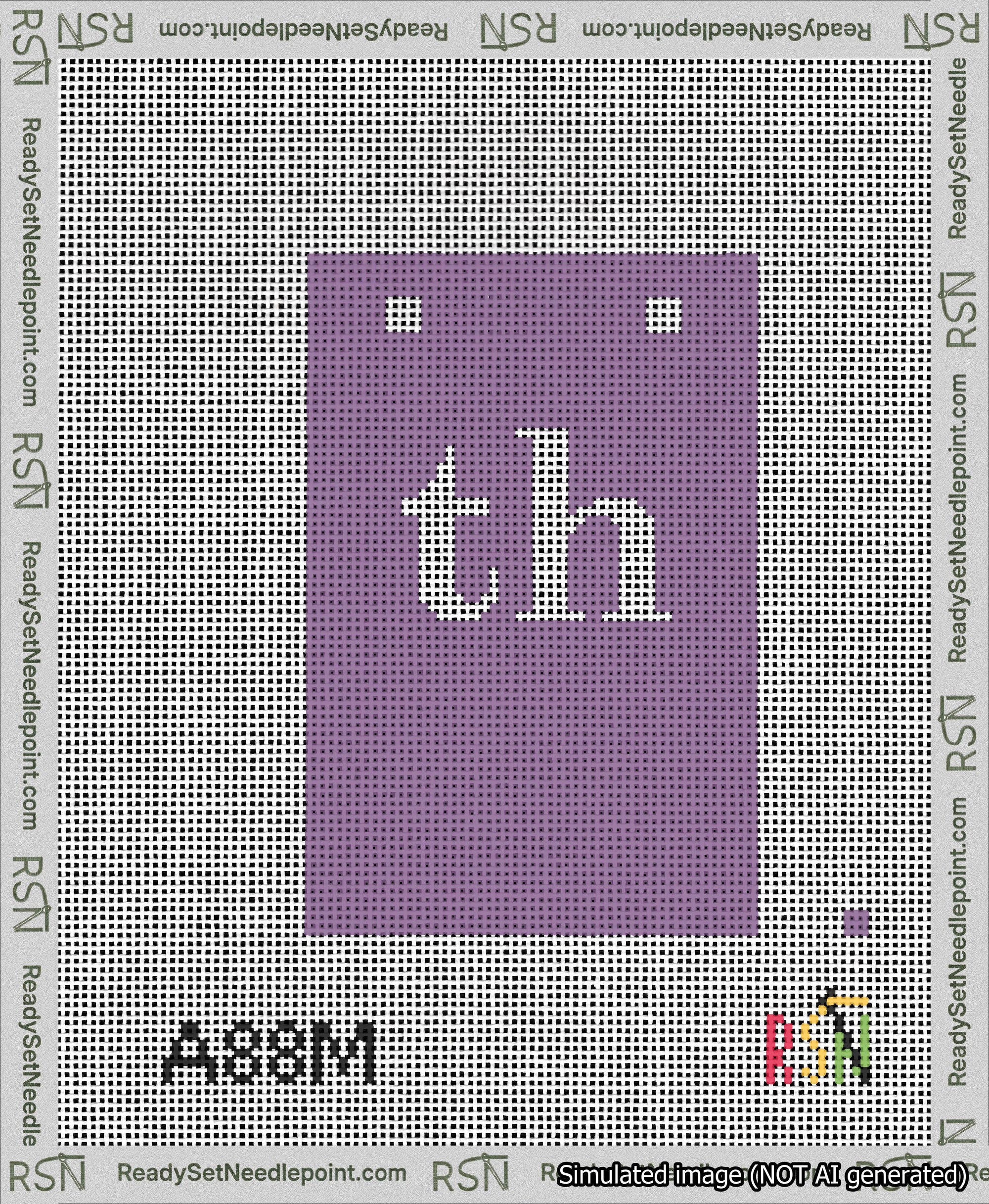 A taped needlepoint canvas with the design: Banner 13 mesh count Squared th White on Purple.