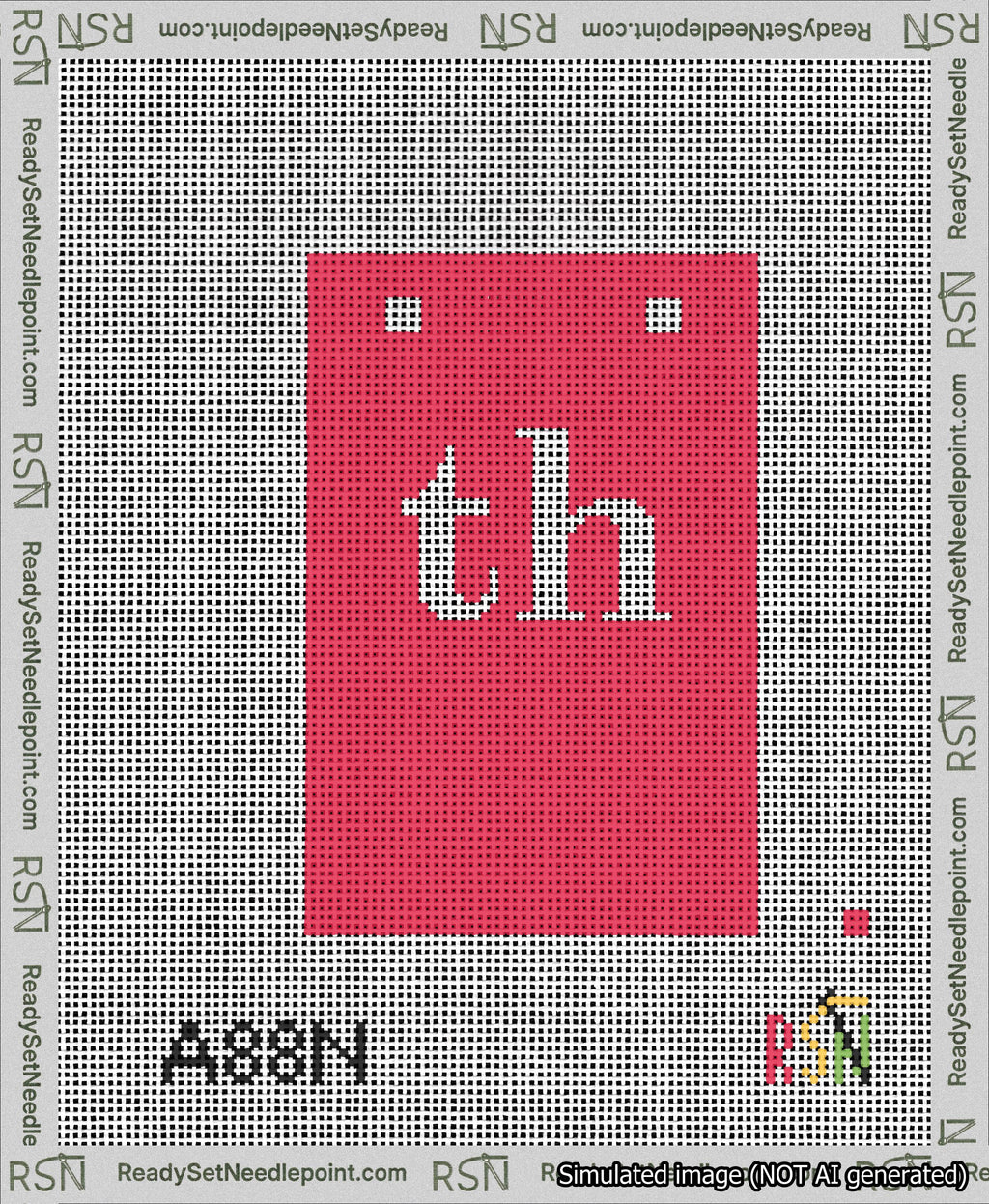 A taped needlepoint canvas with the design: Banner 13 mesh count Squared th White on Red.